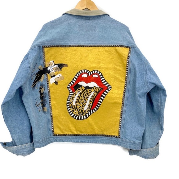 URBAN HAUTE LABEL 'ROCKSTA' Vintage Studded Rolling Stones Denim Trucker Jacket - Picture 3 of 16